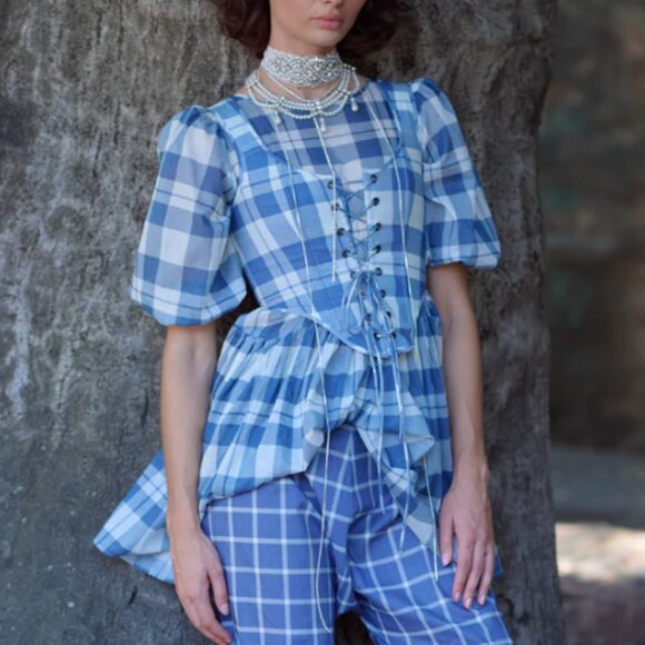 Selkie The Tea Towel  Duchess Corset Top Small Lace Up Blue White Check - Picture 3 of 9